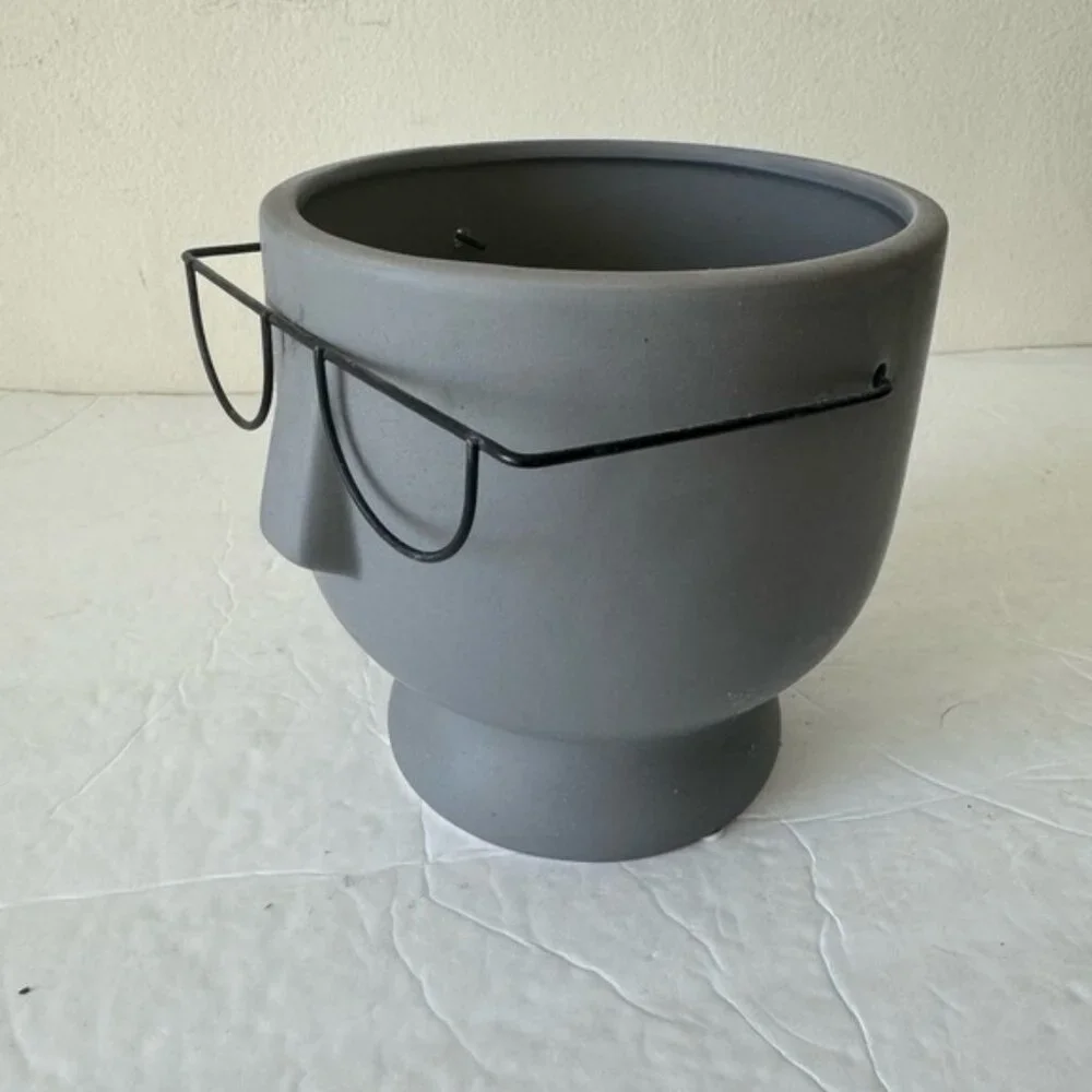 Face with glasses 6in ceramic planter gray